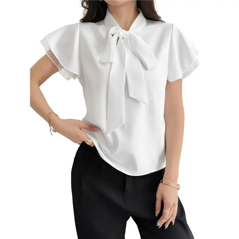 

CYL-Women's Tie Neck Blouse Ruffle Cap Sleeve Elegant Work Office Shirt Tops