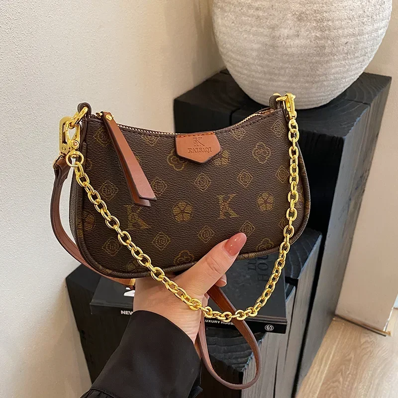 

2025 Новая женская сумка подмышки с цепочкой в стиле ретро, дизайн маджонга со старым цветком, модная сумка через плечо с принтом