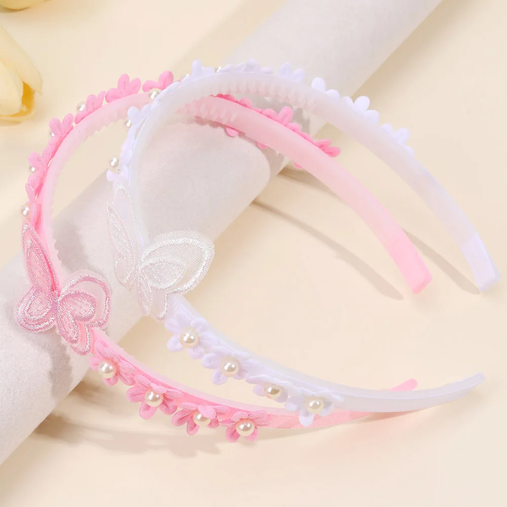 2Pcs Pink Flower Headbands Sweet Embroidery Butterfly Hair Hoops Boutique Kids Pearl Ribbon Hairbands Headband Girls Headwear