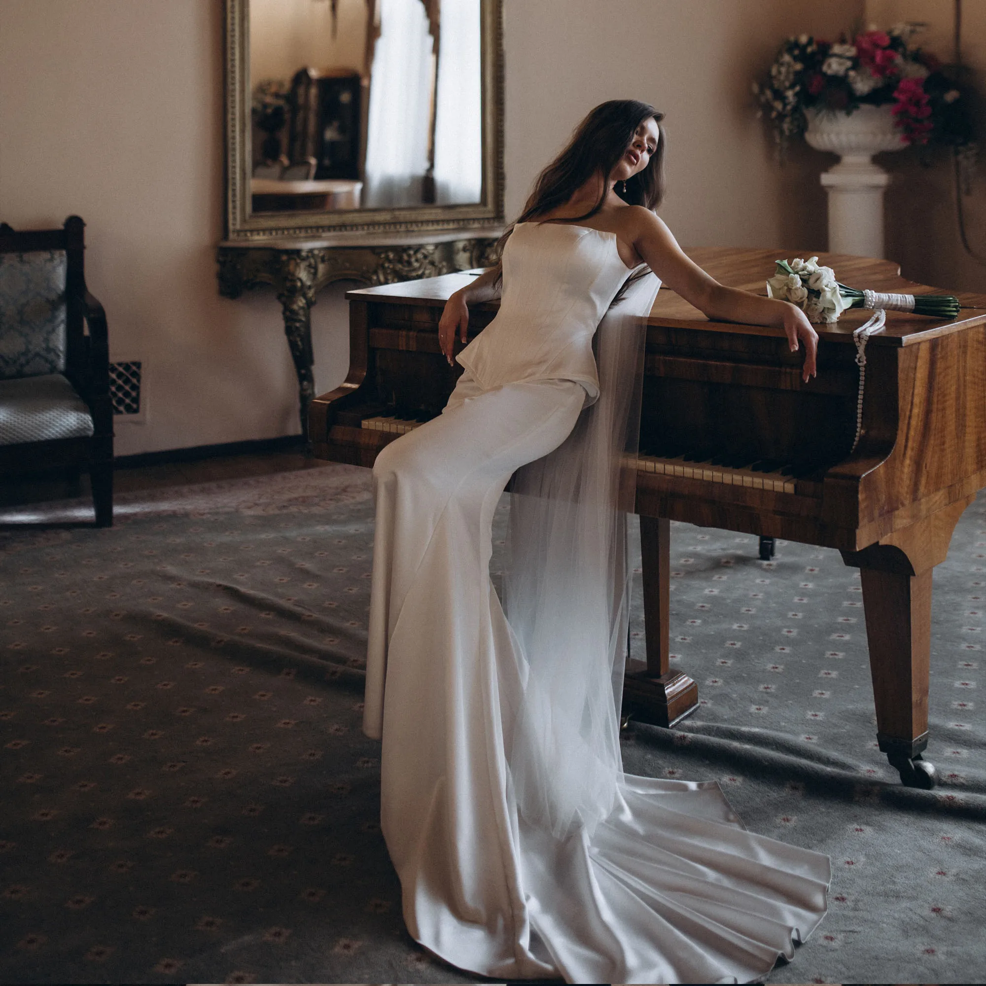 Satin Strapless Wedding Dresses Mermaid Two Piece Corset Minimalist Bridal Gown Civil Elopement Wedding Bride