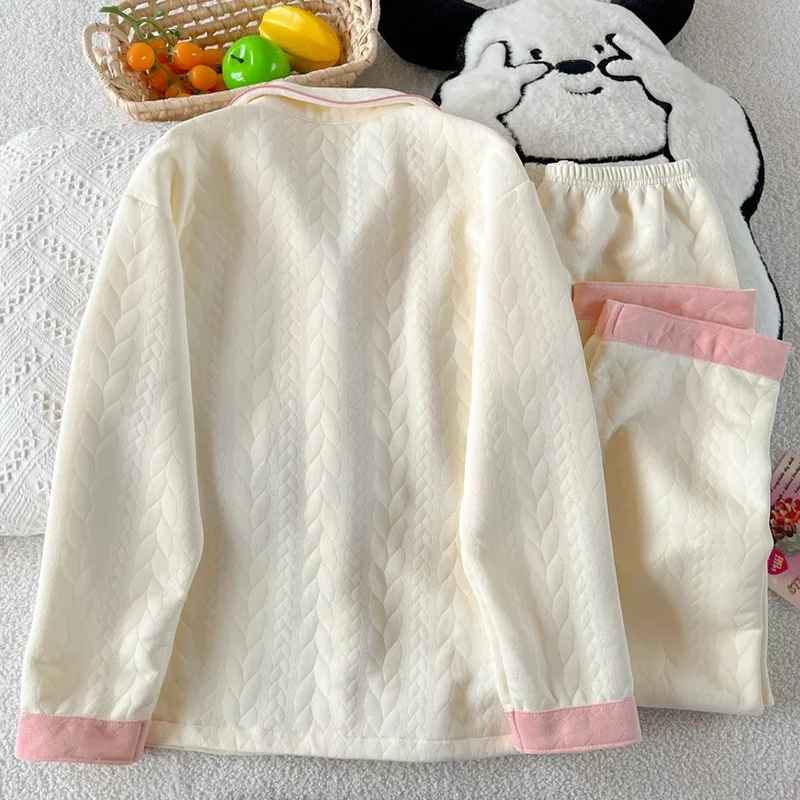 Embroidery Letter Fashion New Women's Pajamas Set 2025 Autumn Winter New Casual Soft Sweet Loungewear Lapel Neck HomeWear Suit