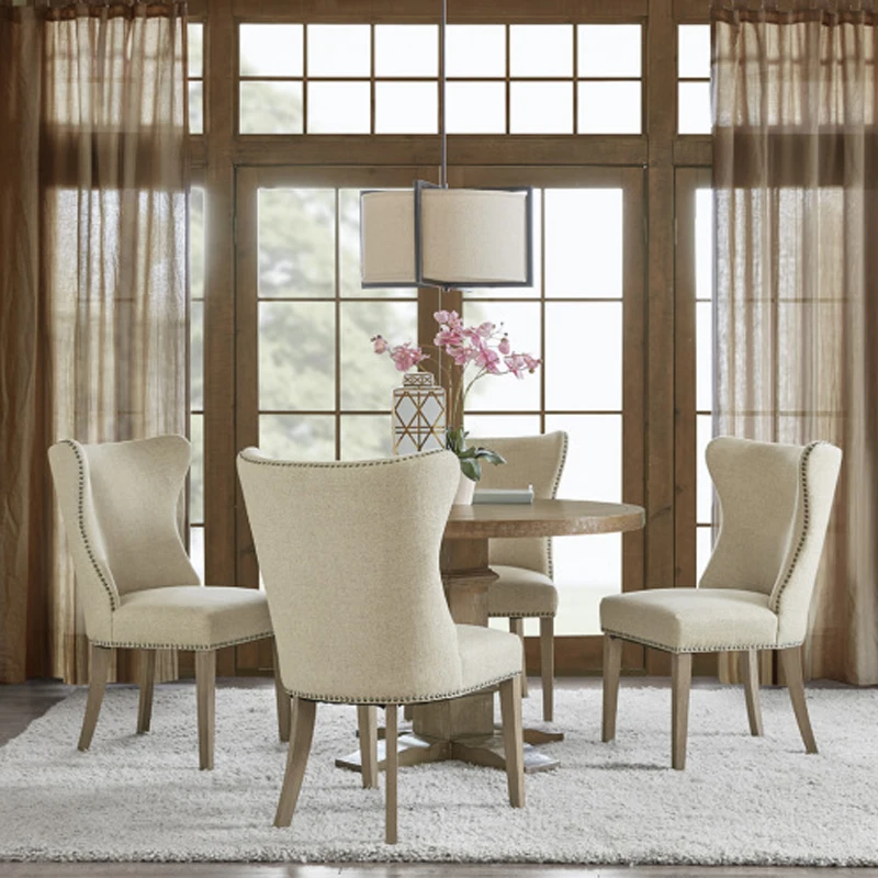 Dining Side Chair Set of 2 - Rich Cream Fabric, Dark Pewter Trim, Light Wood Legs, Transitional Style, Sophisticated