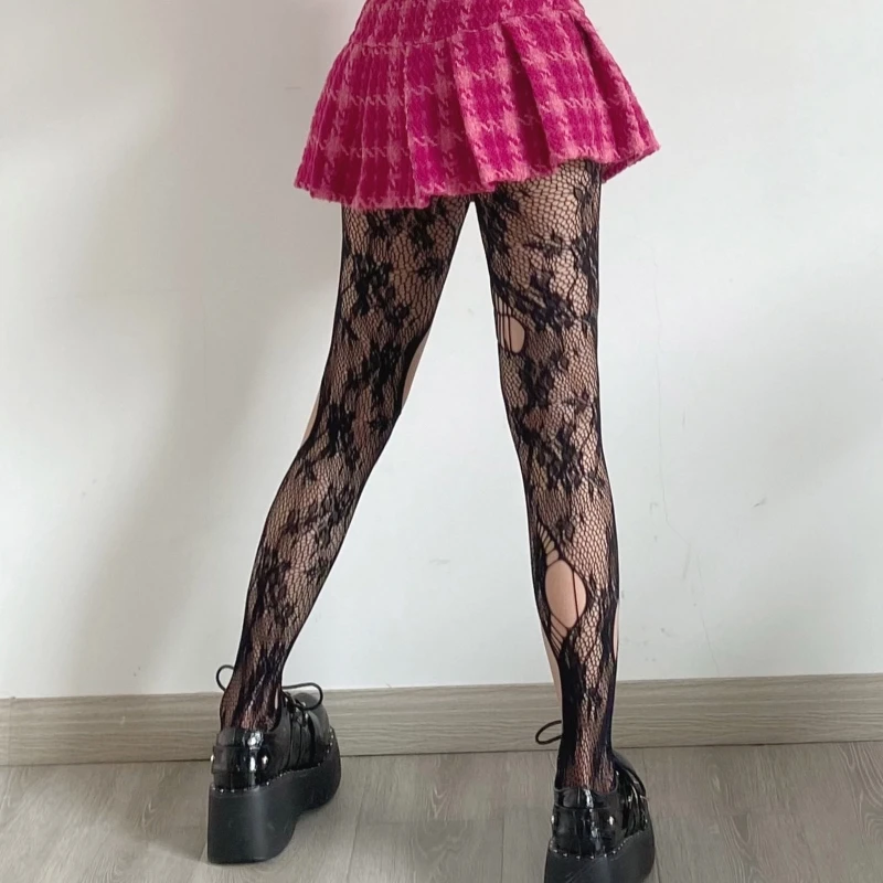 Women Gothic Punk Black Fishnet Pantyhose Irregular Ripped Beggar Holes Mesh Tights Floral Patterned Stockings