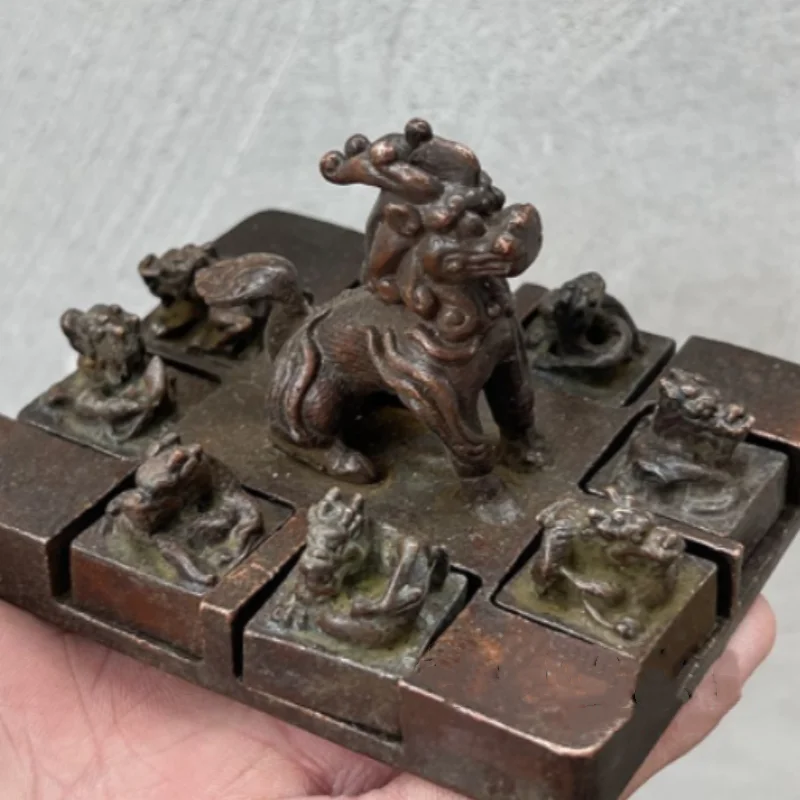 Vintage Bronze Nine Dragon Seal Stamp - Chinese Imperial Dragon Seal Collectible Craft for Home Study Desktop Display