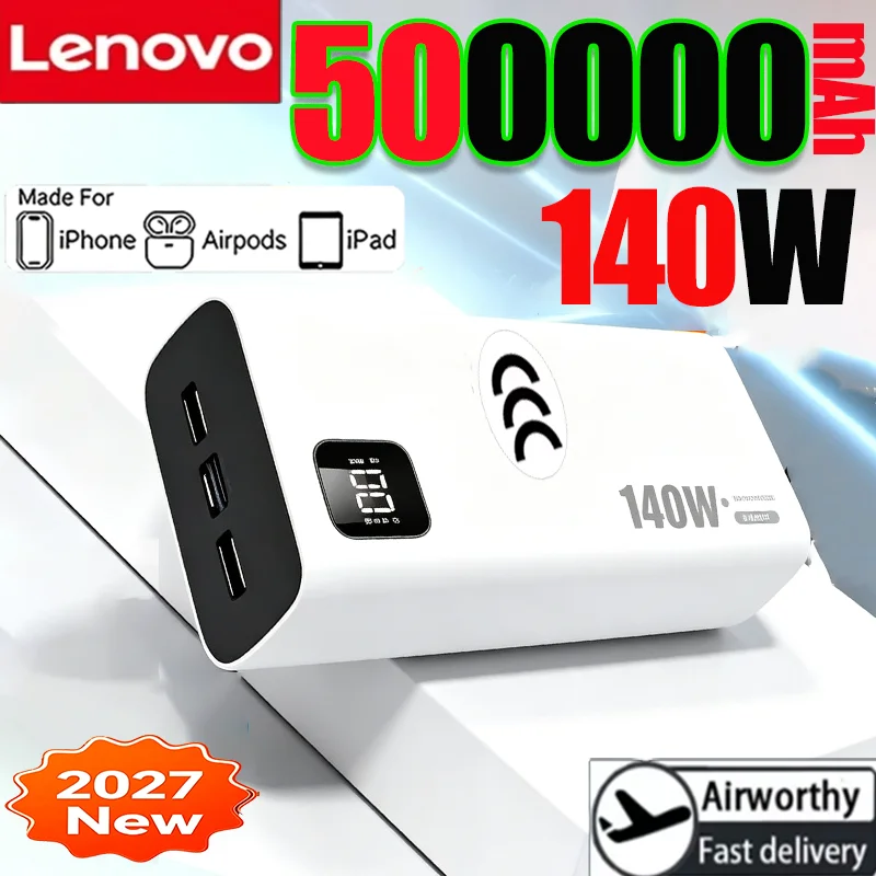 Lenovo 500000mAh CCC Power Bank Portable 140W Large Capacity Super Fast Charging Battery Charger for Xiaomi iPhone 2027NEW
