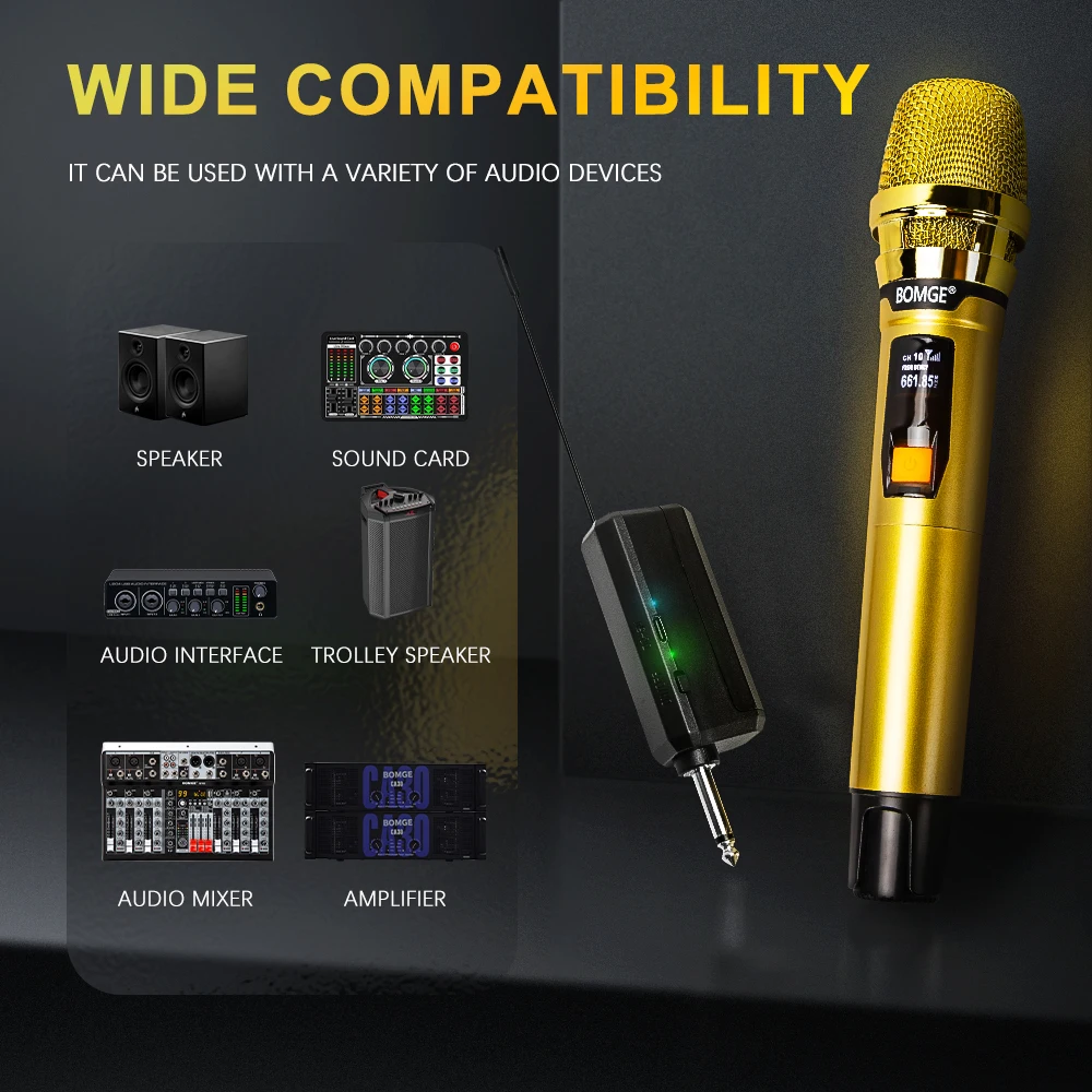 Sistem Mikrofon Nirkabel Karaoke DJ 2 Saluran Profesional dengan Penerima Isi Ulang Nirkabel Mikrofon Emas Terang untuk DJ Pesta