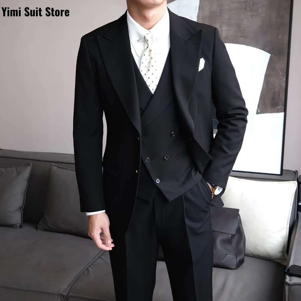 블랙 고품질 남성 정장 세트 3피스 원버스트 비즈니스 연회 사회자 사무실 남성 정장 신랑 예복 웨딩 정장 세트