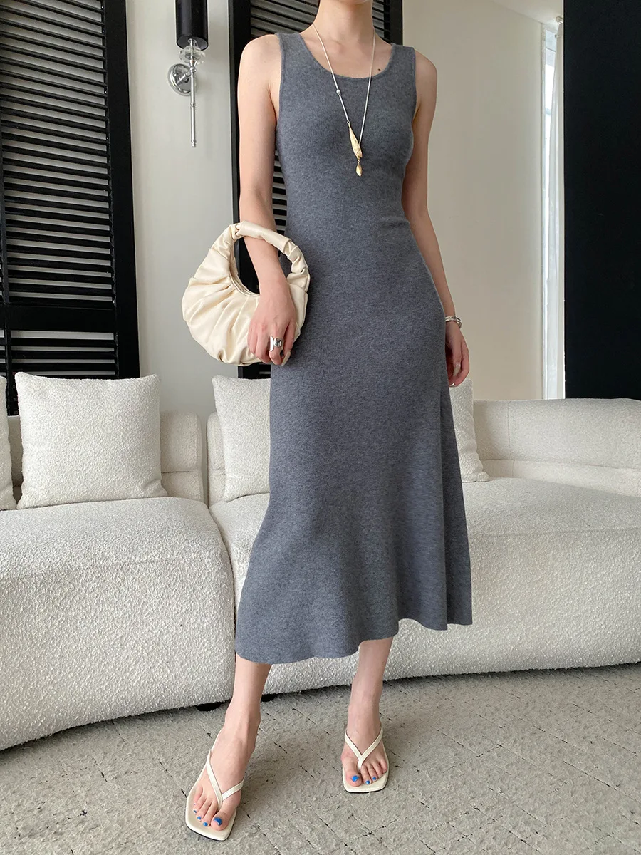 Frühlings- und Sommerkleid für Damen, einfarbig, modisch, im Pendlerstil, schmal geschnittenes Strickkleid – Detail 14