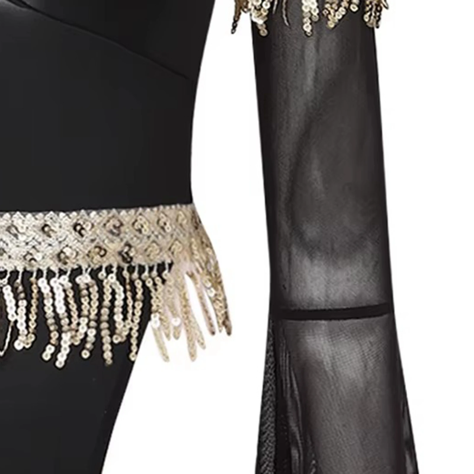 

Womens Sexy See Through Bodysuit with Flared Mesh Sleeve Sequin Tassel Trim Deep V Neck Backless High Cut Leotard Nightwear