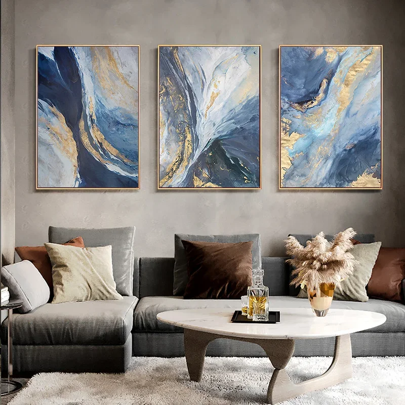Multi-size 3PCS frameless high-definition decorative paintings,Set Of 3 Navy Blue Gold Foil Abstract Fluid Canvas Wall Art Moder