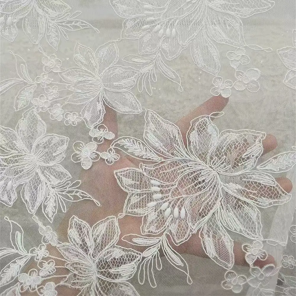 

bridal lace fabric with cording for wedding dresses, party dresses in ivory color, width 130cm