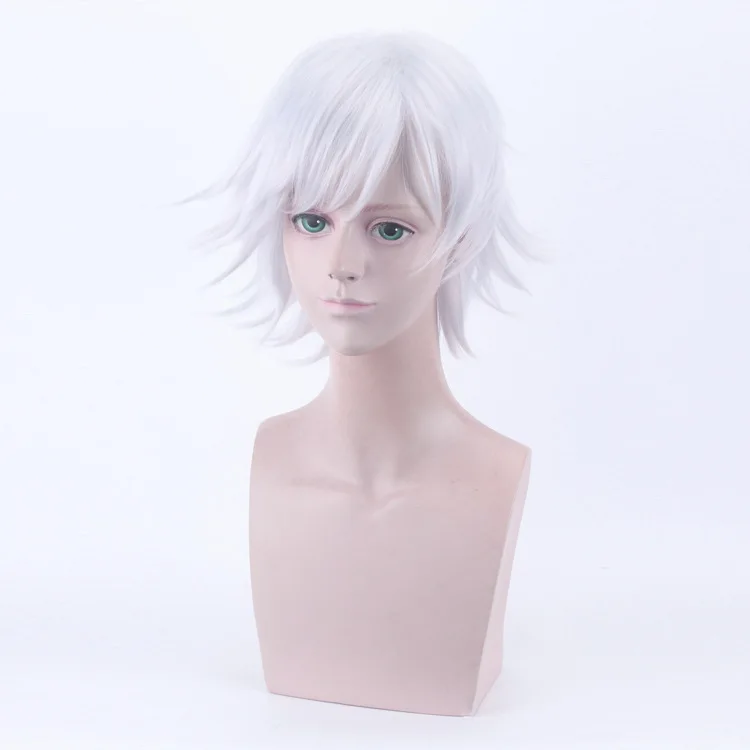 วิกผมสังเคราะห์ยาวสั้นสำหรับฮาโลวีน วิกผมสั้นสีขาวสำหรับผู้ชายหรือผู้หญิง วิกผมคอสเพลย์อนิเมะ วิกผมชั้นฟูสำหรับแต่งกาย