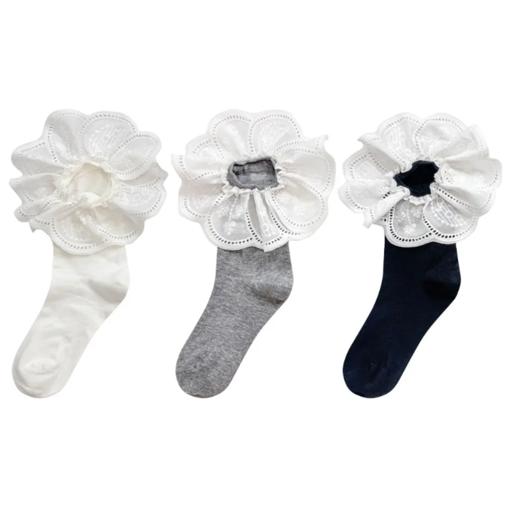 Casual Ballet Style Ruffle Socks Mid Tube White Embroidered Women Hosiery Lace Jacquard JK Cotton Socks Lady
