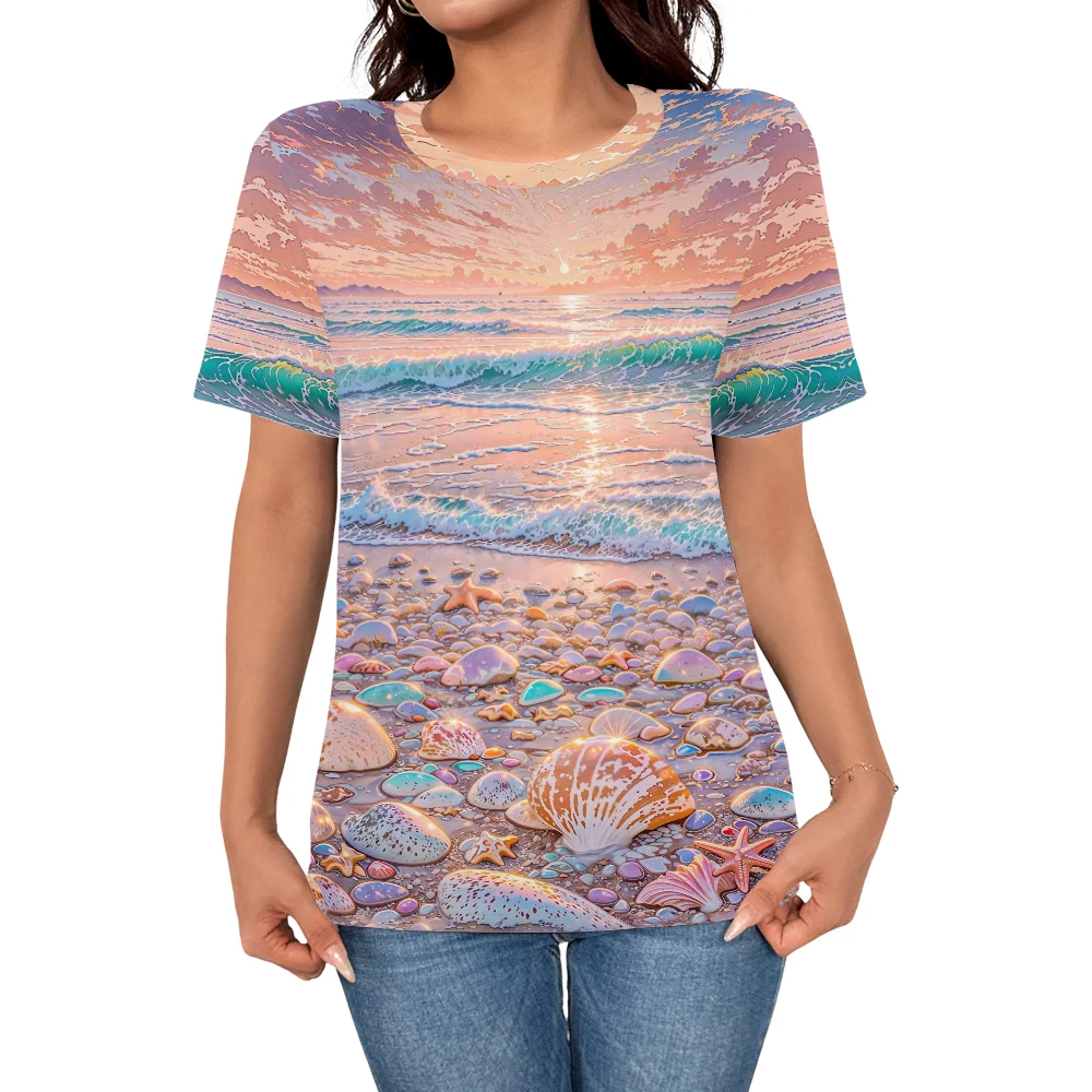 

Summer hot casual fashion women's cartoon pink beach 3D printed short sleeved T-shirt women's elegant art top T-shirt