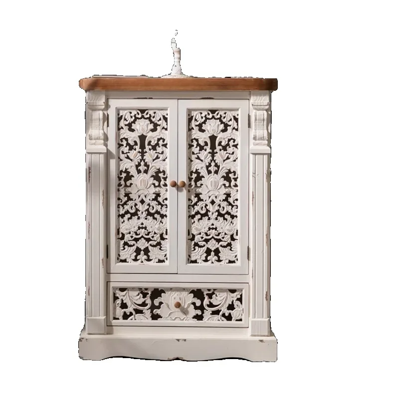 French retro old living room entrance cabinet solid wood storage storage decoration white high cabinet homestay carved simple ca