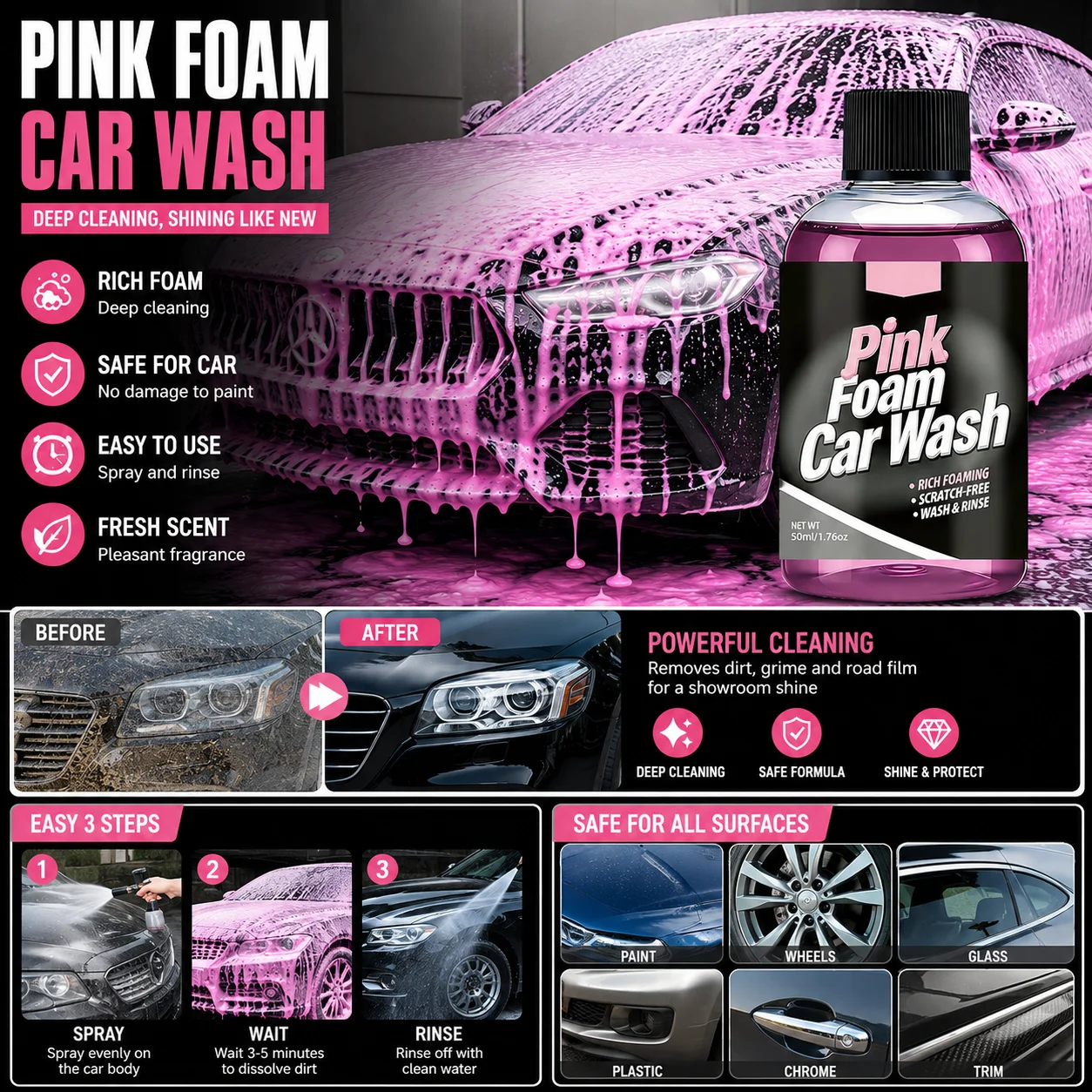 Active Foam Touchless Car Wash Colorful Snow Foam Cleaning Detergent High Pressure Auto Self Foaming Car Cleaner