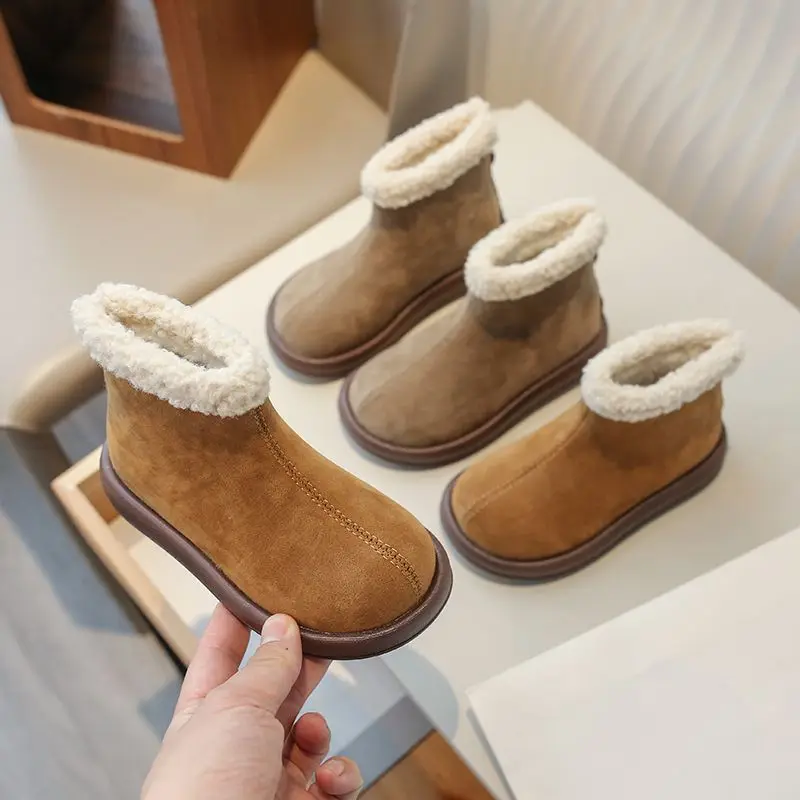 

Детские зимние ботинки с высоким берцем, новинка 2026, теплая обувь из овчины на флисовой подкладке для мальчиков и девочек, повседневная уличная обувь