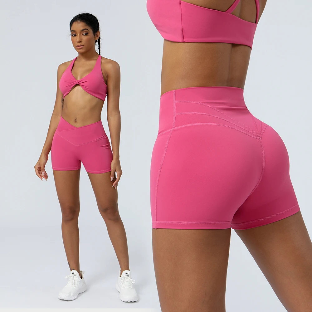 Cross Waist Yoga Shorts V Cut Pilates Gym Fitness Sport Crop Pants Tight Butt Lifting Outdoor Running Dance Cycling Shorts