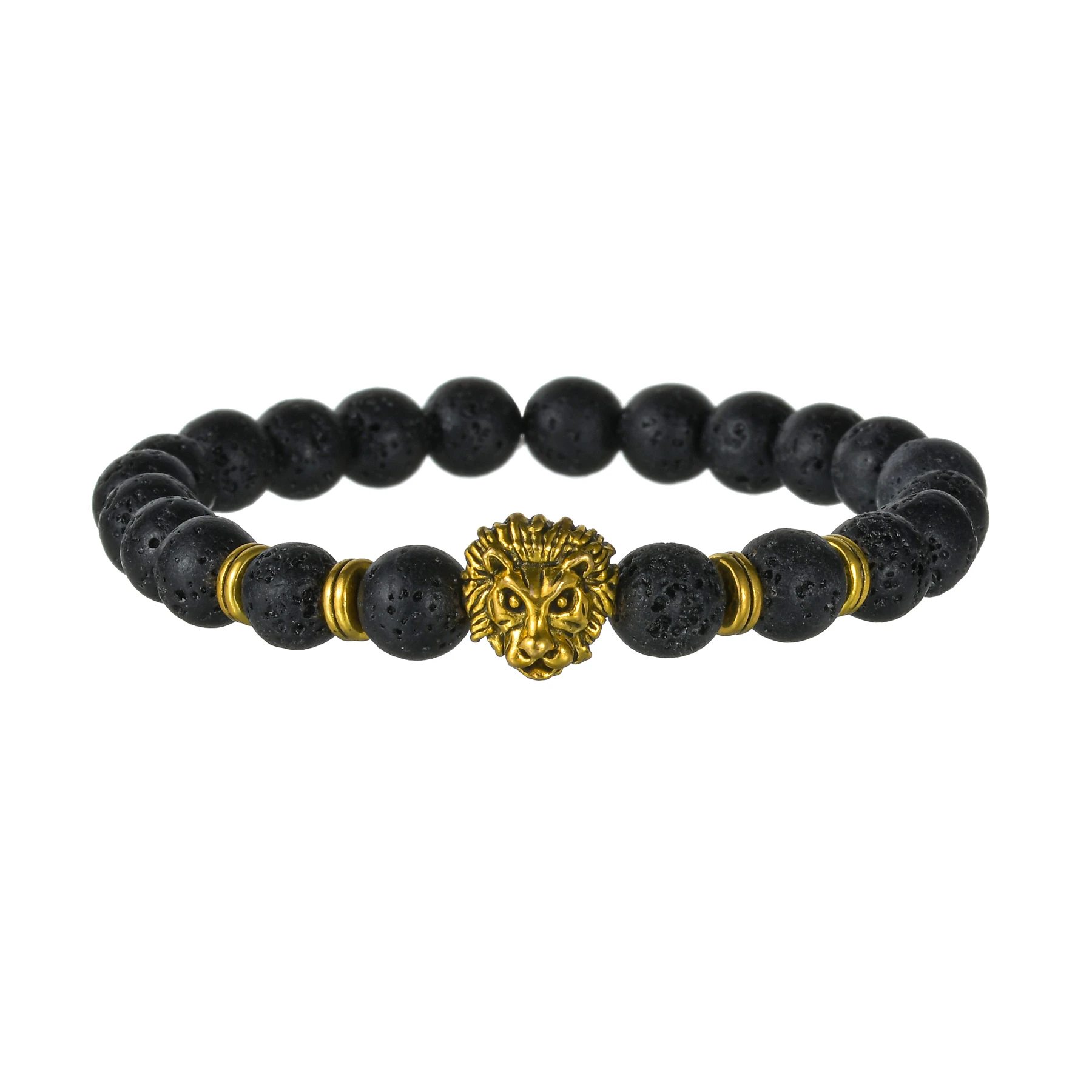 Punk 8mm Natural Stone Men\'s Lion Head Beaded Strand Bracelet Goth Lava Bangles Wristband Women Jewelry Boyfriend Gift