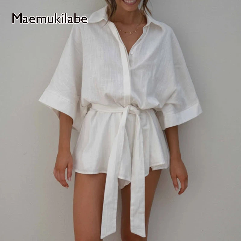 Maemukilabe Women Summer Baggy Playsuit Shorts Sleeves Button Down Romper Jumpsuits Lapel Neck Tie Up Loose Fit Overalls Outfits