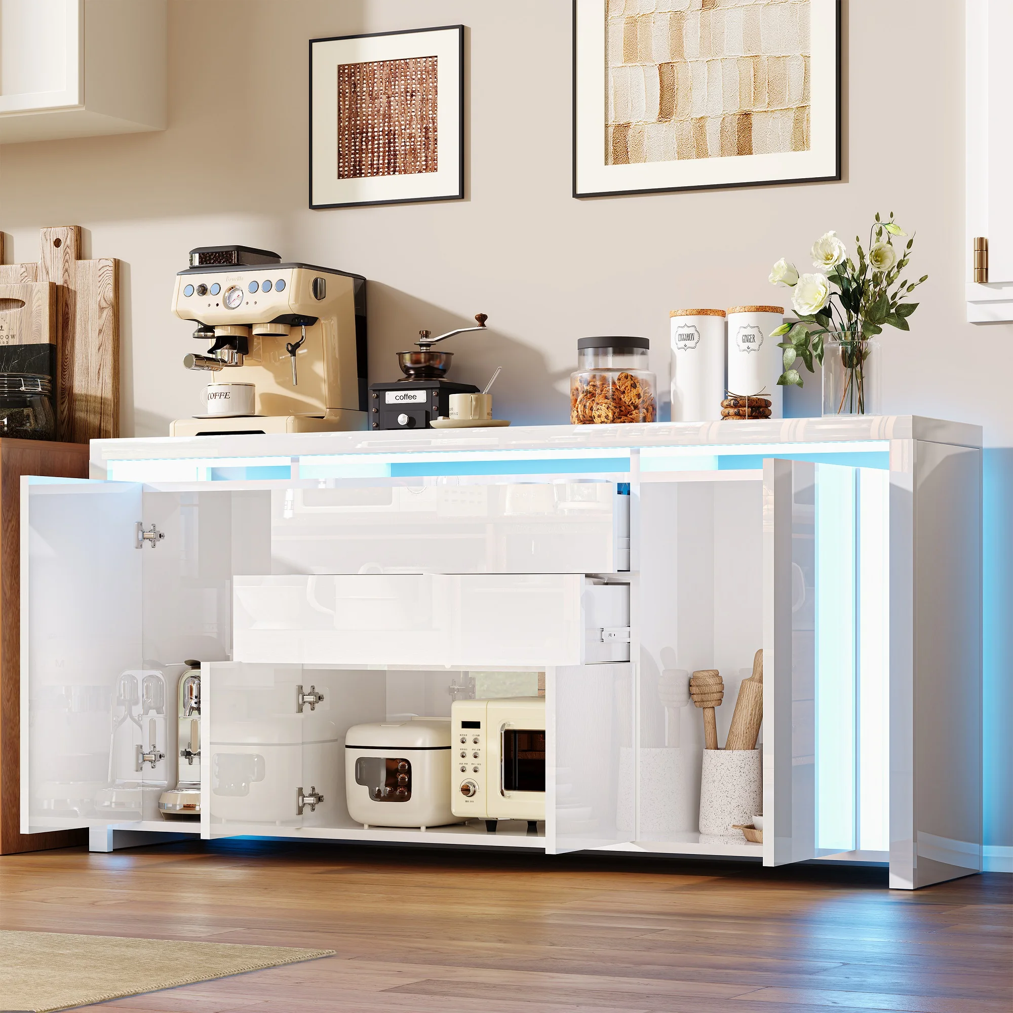 Rosahqnda Sideboard Hochglanzweiß mit LED, modernes Sideboard mit Tür und Schubladen, Buffetschrank, Kommode für die Küche – Detail 6