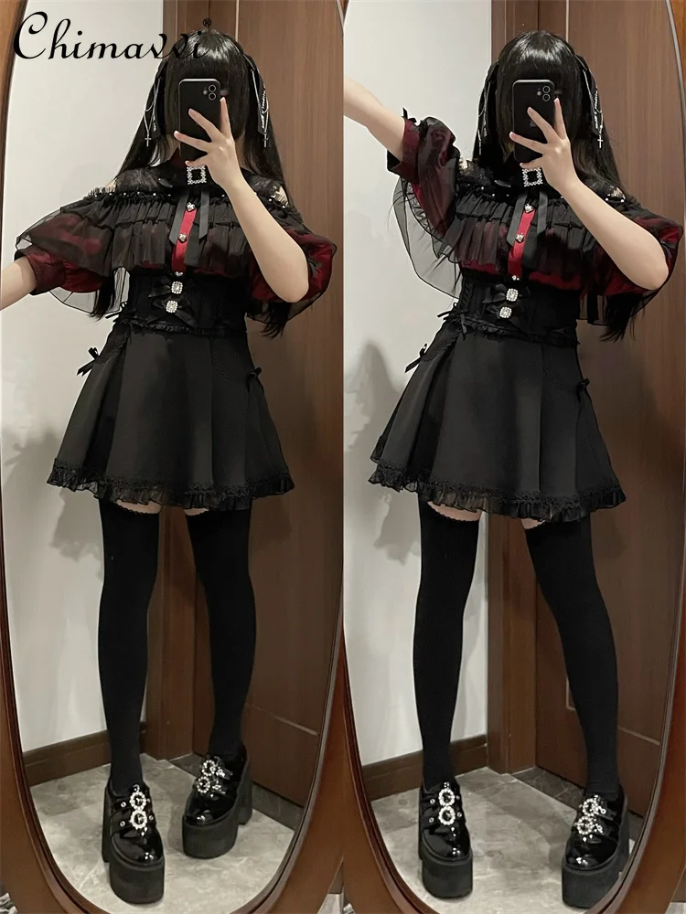 Japanese Mine Style Mass-Produced Women\'s Sweet Off-the-Shoulder Mesh Cloak Short Sleeve Shirt Lolita Bow Blouse Girls Tops