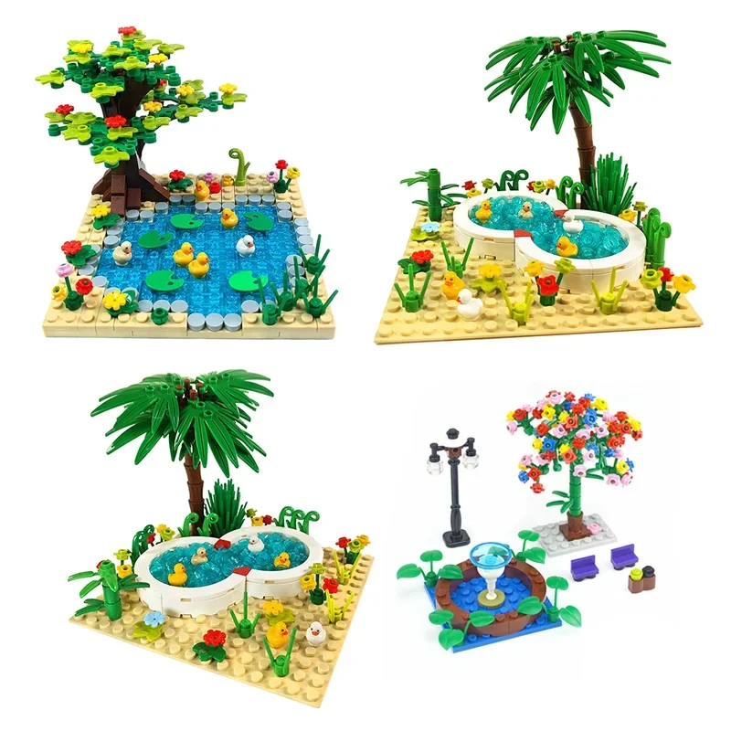 DIY Accessories MOC Bricks Park Pond Swimming pool Fountain cute Duck Plants Trees Flowers Grass Building Blocks  Toys