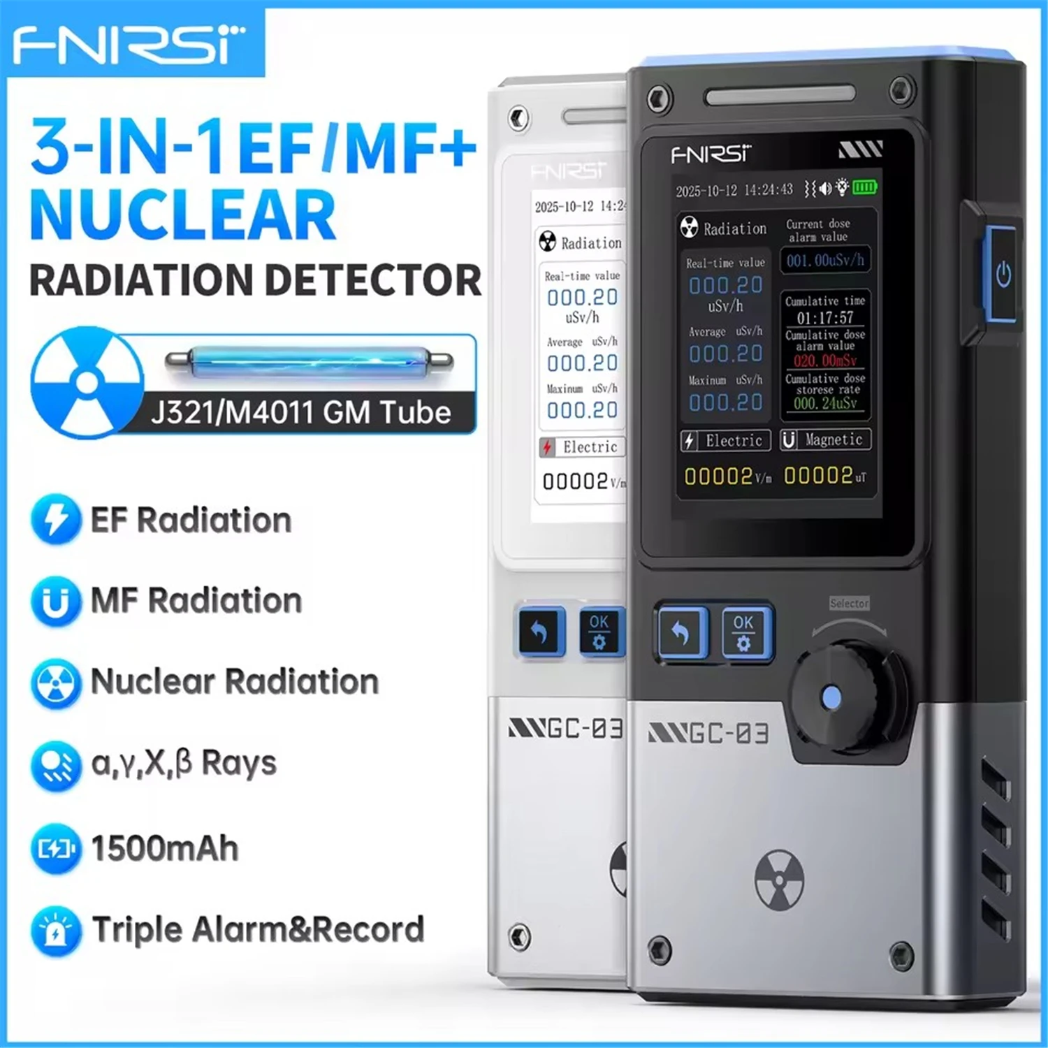 FNIRSI GC-03 3-IN-1 Electromagnetic Radiation Detector, Electric & Magnetic Field Strength, RF Power, Temperature Monitor