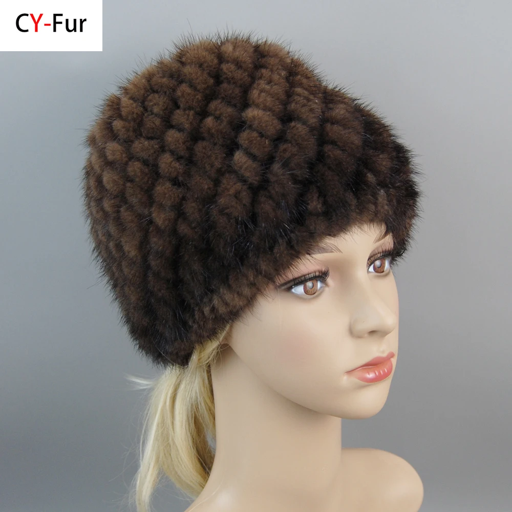 

Russia Winter Lady Good Elasticity Real Mink Fur Hats Warm Quality Natural Mink Fur Cap Women Knitted 100% Genuine Mink Fur Hat