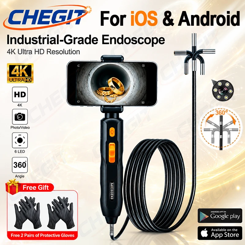 360° Articulating Borescope Endoscope Camera 6.2mm with Light 4K UHD Endoscope with Android/iOS Phone Home Use