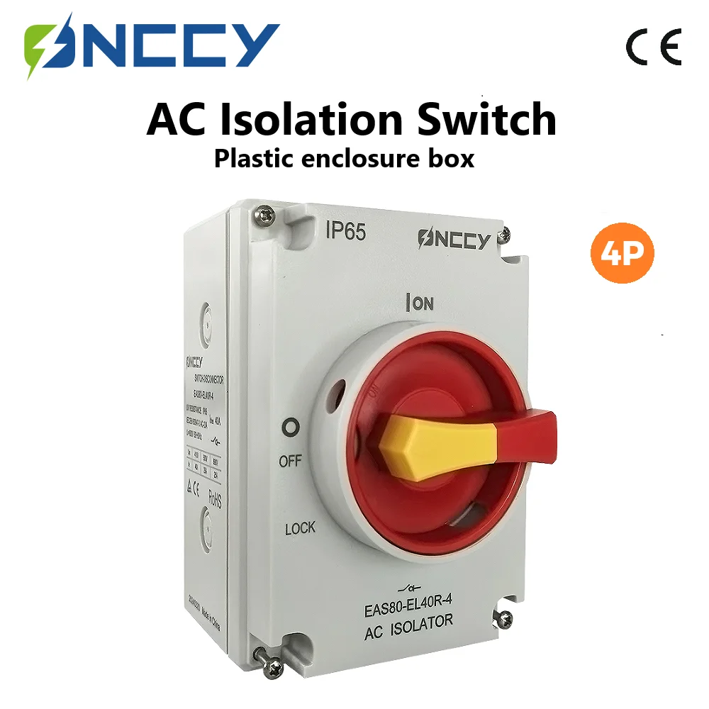ONCCY 4P AC Isolation Switch Outdoor, Plastic Enclosure Box, 2P 3P 4P Switch Disconnector, Rotating Handle Lock