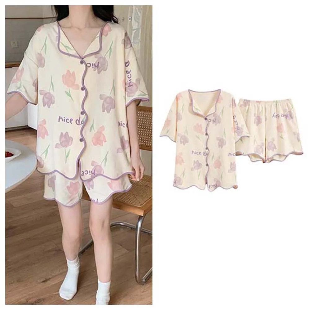 Short Sleeve Tulip Flowers Pajamas Nightwear Set Comfortable Flowers Pajama Pants Single Breasted Shirts Homewear