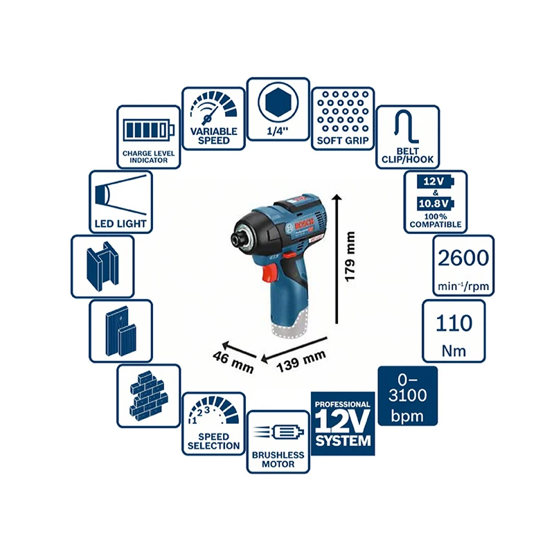 BOSCH GDR 12V-EC Lithium Impact Screwdriver 110Nm 12V Battery Cordless 1/4in Household DIY Decoration Wrench Power Tool Sets