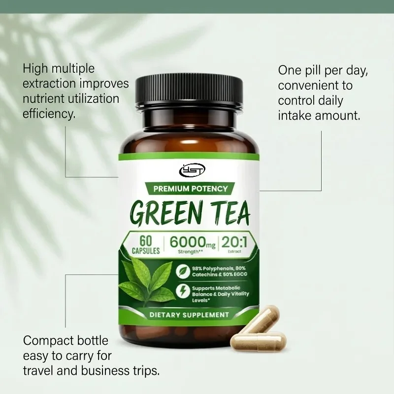 Green Tea 6000mg 20:1 Extract Contains 98% Polyphenols Metabolism Health Support 60 Capsules