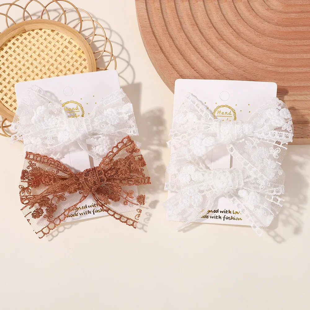 2Pcs/Set Baby Girl Hair Clip Cute Lace Cutout Bowknot Handmade Bows Hairpin Barrettes Kids Headwear Solid Color Hair Accessories image 6