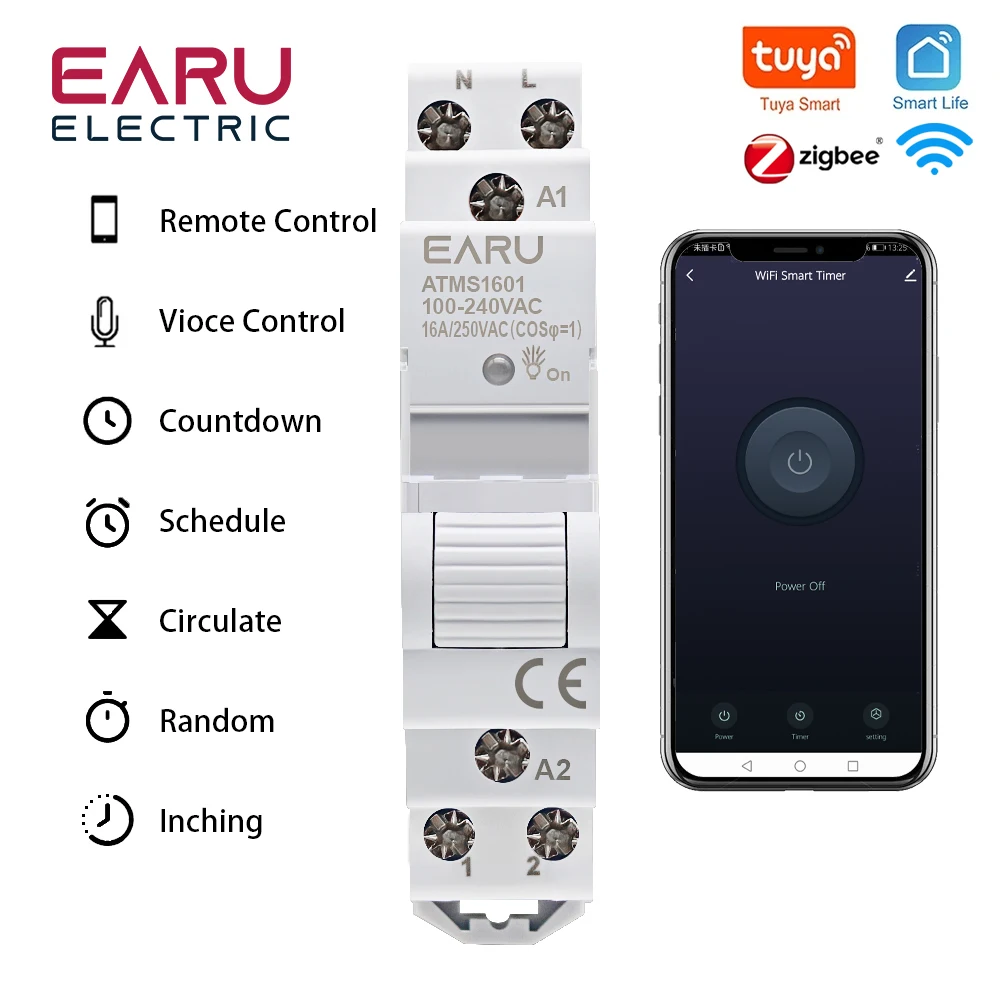 Zigbee WIFI Smart Timer Relay Switch Breaker Remote Control by Tuya APP AC 110V 220V 16A Single Phase 18MM Mimi Din Rail 35mm