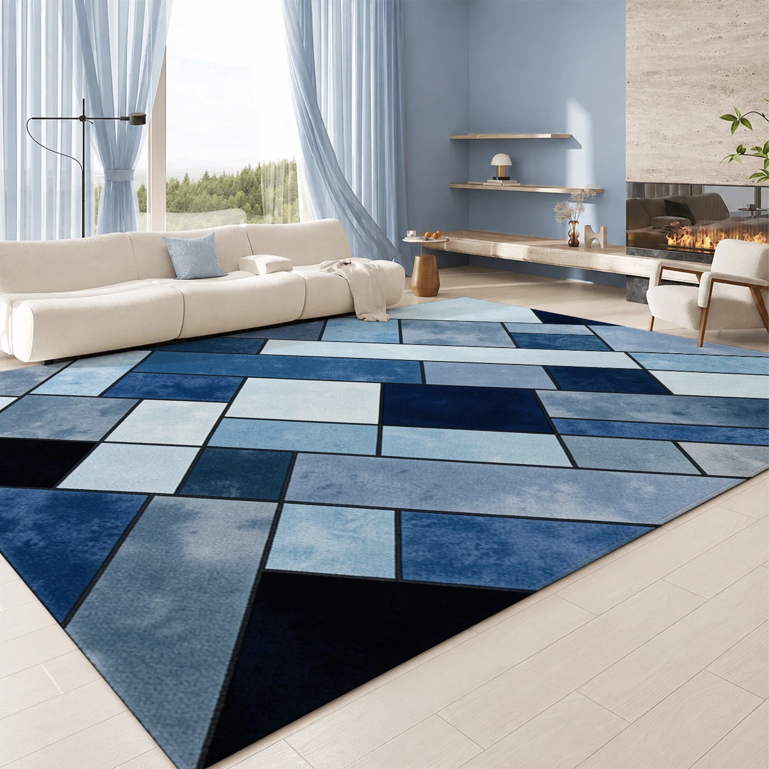 Blue Geometric Mosaic Pattern Area Rug Velvet Machine Washable for Living Room Bedroom Dining Room Halloween Thanksgiving Christmas Black Friday Cyber Monday New Year Home Decor