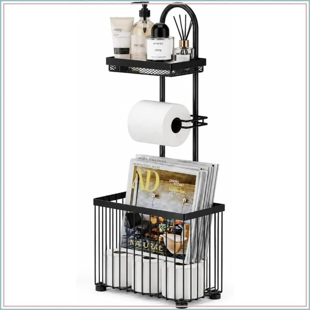 Freestanding Toilet Paper Holder with Storage Shelf for Phone, Magazine, and Extra Rolls - Black