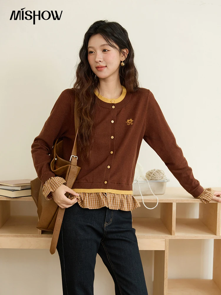 

MISHOW поддельные два вязаных свитера, осенний ретро цветной контрастный свитер с бантом и вышивкой, пеньковые манжеты, клетчатый топ MXE46Z2495