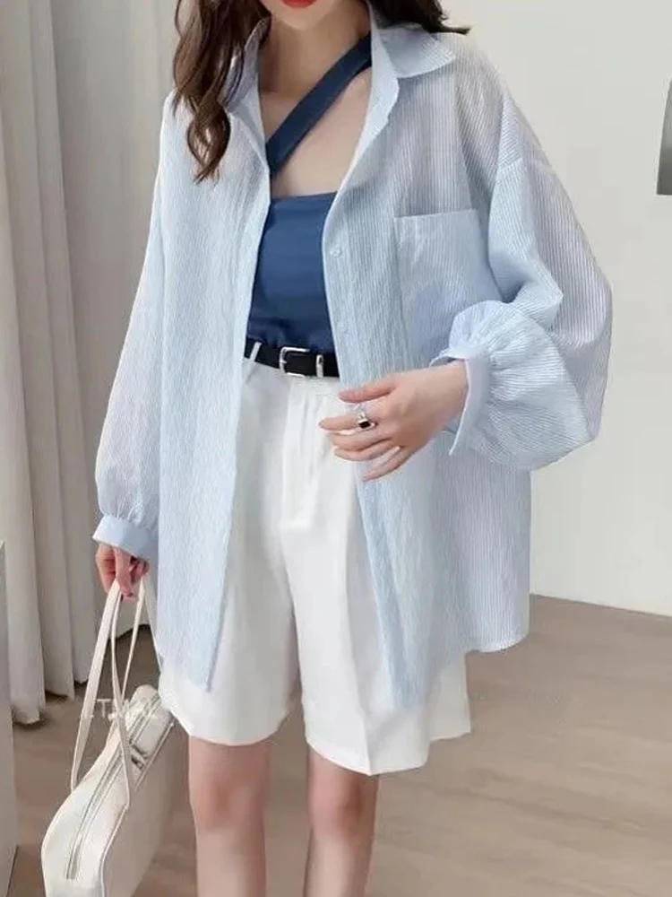 Zoki Women Sexy Transparent Striped Shirt Korean Oversize Loose Long Sleeve Sun-Proof Clothes Summer Sweet Chic All Match Tops