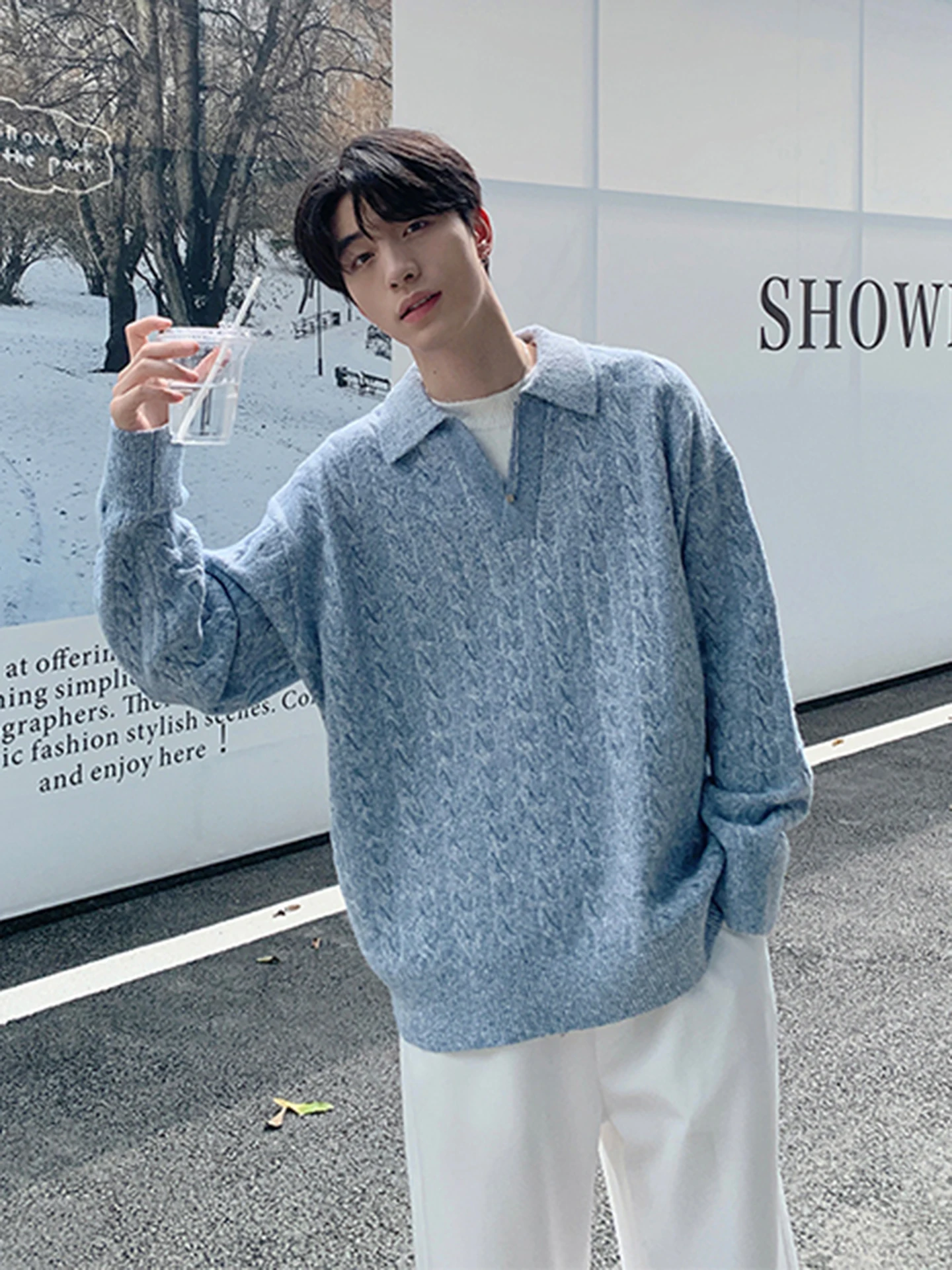 

Синий мужской трикотажный джемпер в американском стиле, премиум-класса, с эффектом утонченности, прямого кроя, свободный, с длинным рукавом