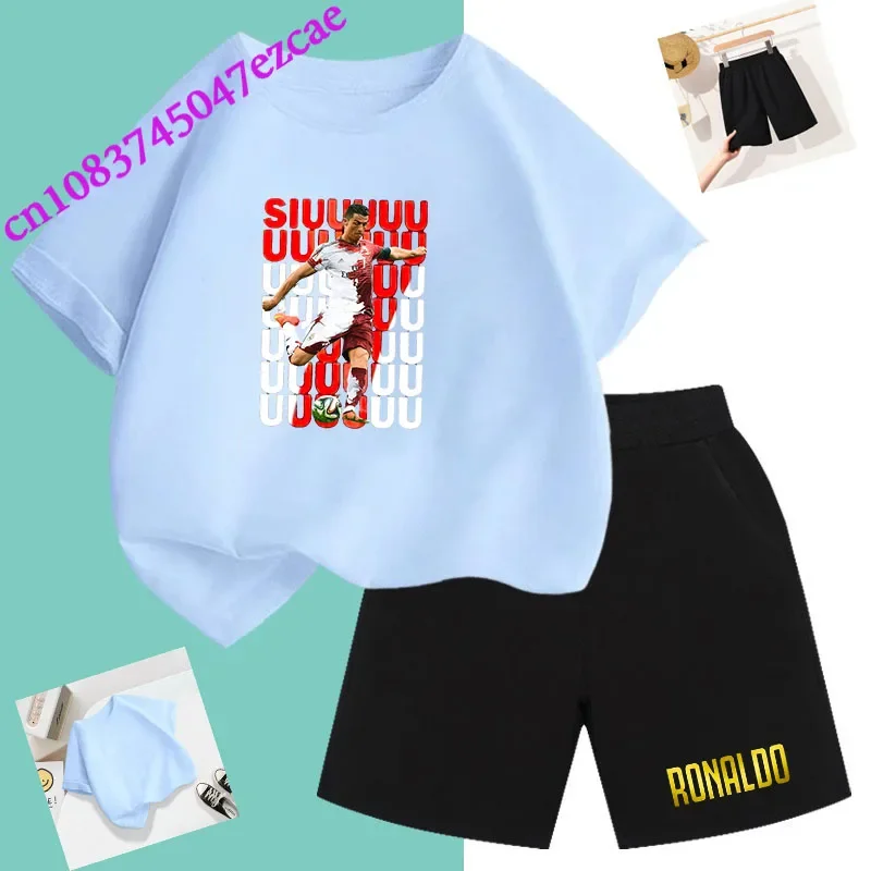 2024 New C Luo Summer Printing Children's Clothing T-shirt Suit Short-sleeved Shorts Two-piece Sports Casual Children's Suit