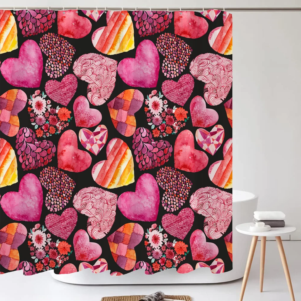 Pink Love Printed Fabric Shower Curtain Set Valentine Day Romantic Heart Shower Curtain Bathroom Non-Slip Bath Mat Toilet Cover