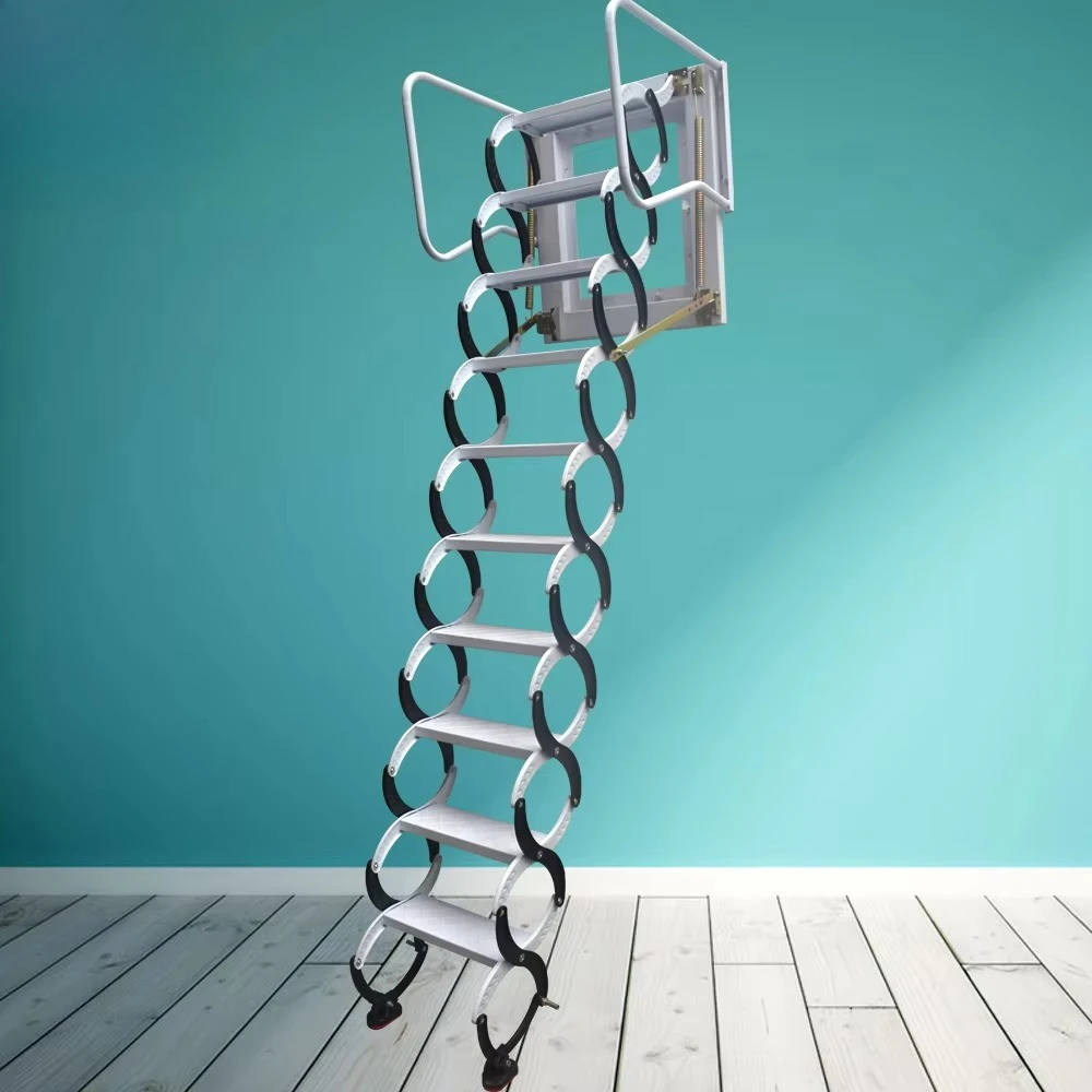 Insulated telescopic wall mounted folding staircase leads up to the attic