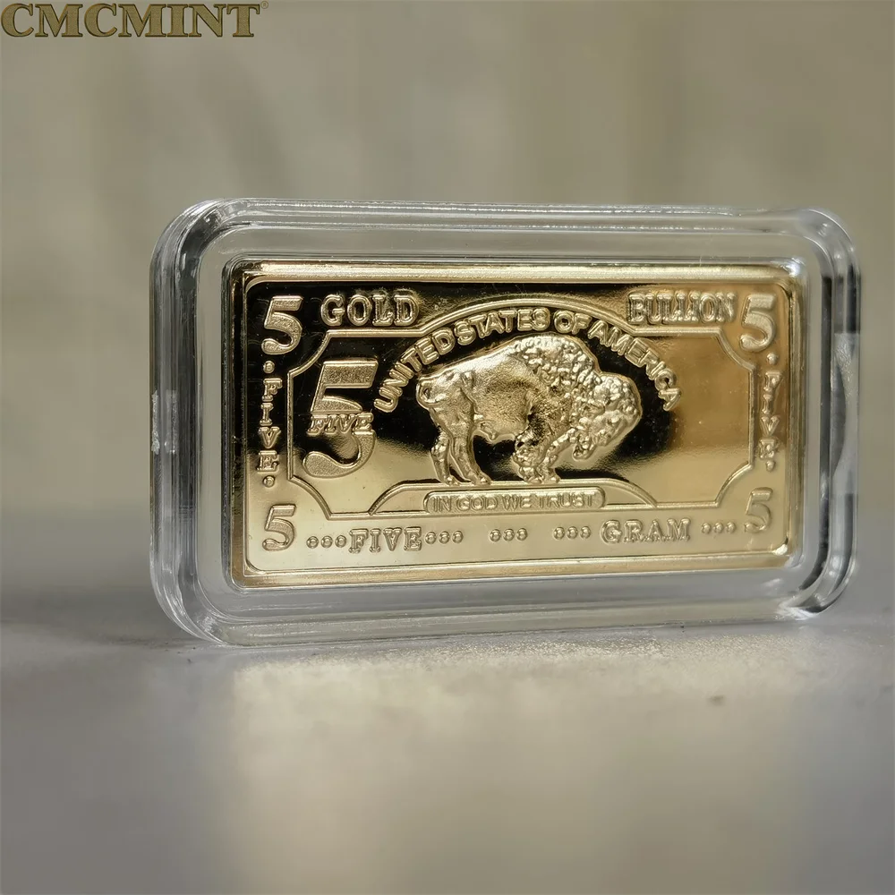 Gold Plated Brass Bullion Buffalo Bar 5 Gram .100 Mills .999 Fine With Plastic Case