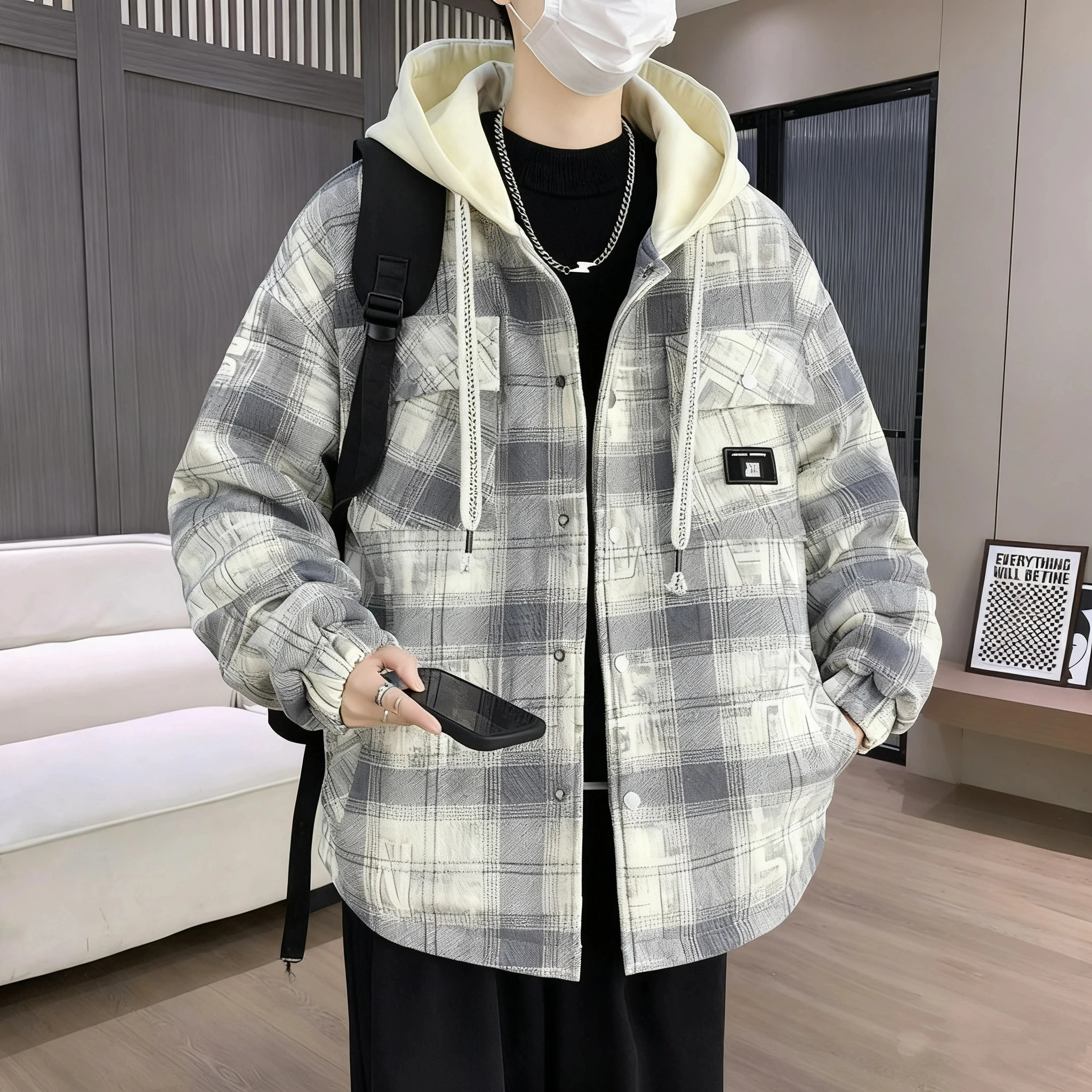 

Дизайнерская клетчатая куртка для подростков, новинка 2025 года, клетчатое пальто с капюшоном, студенческая повседневная осенняя модная верхняя одежда, мужская куртка