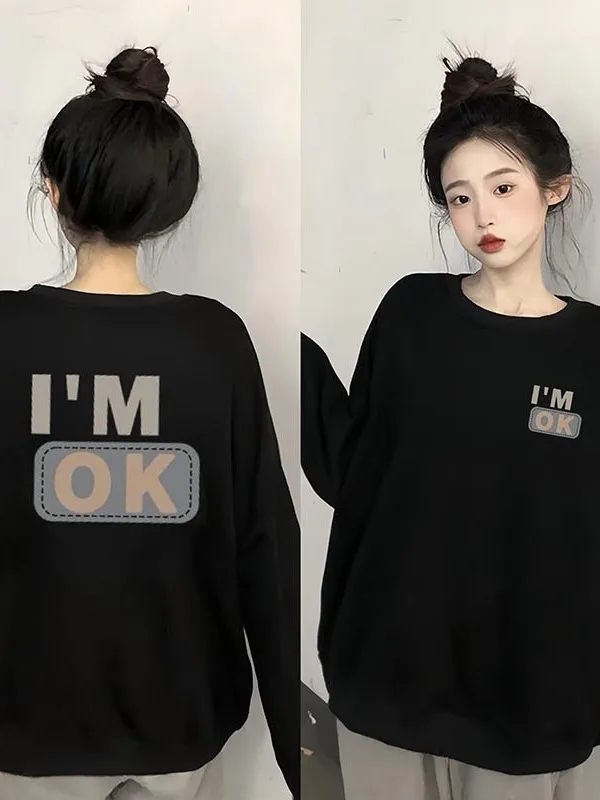 

Slimming Effect Bla round Ne Sweatirt Women's Early Autumn Thin New Sle Small Size Loose Couple Fce Lined Top