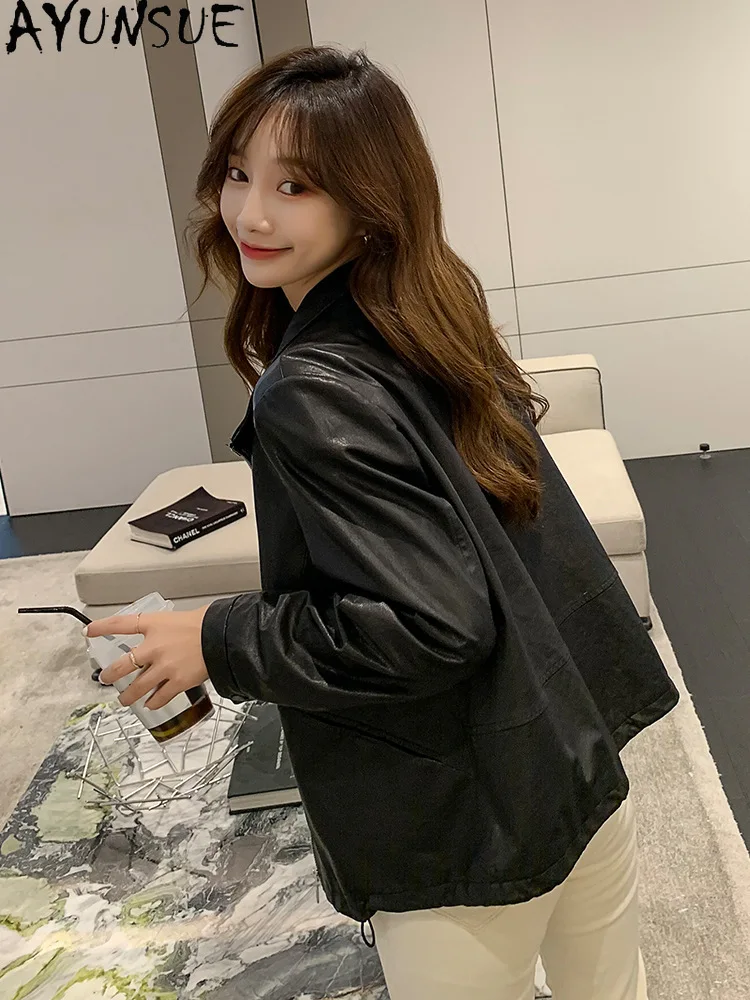 AYUNSUE chaqueta De motocicleta De cuero genuino abrigo De piel De oveja auténtica para mujer otoño 2025 ropa De mujer chaqueta De cuero bronceado vegetal