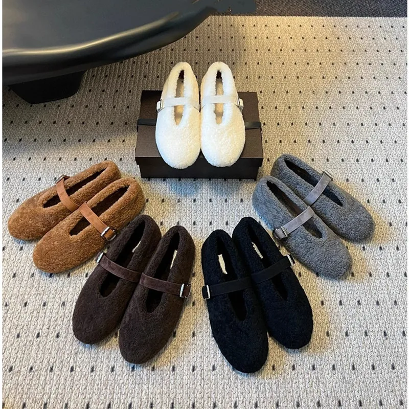 

French Sheepskin Wool Integrated Mary Jane Shoes for Women, Warm Flat Bottom Lamb Wool Single Shoes, Woolen Shoes, Cotton Shoes