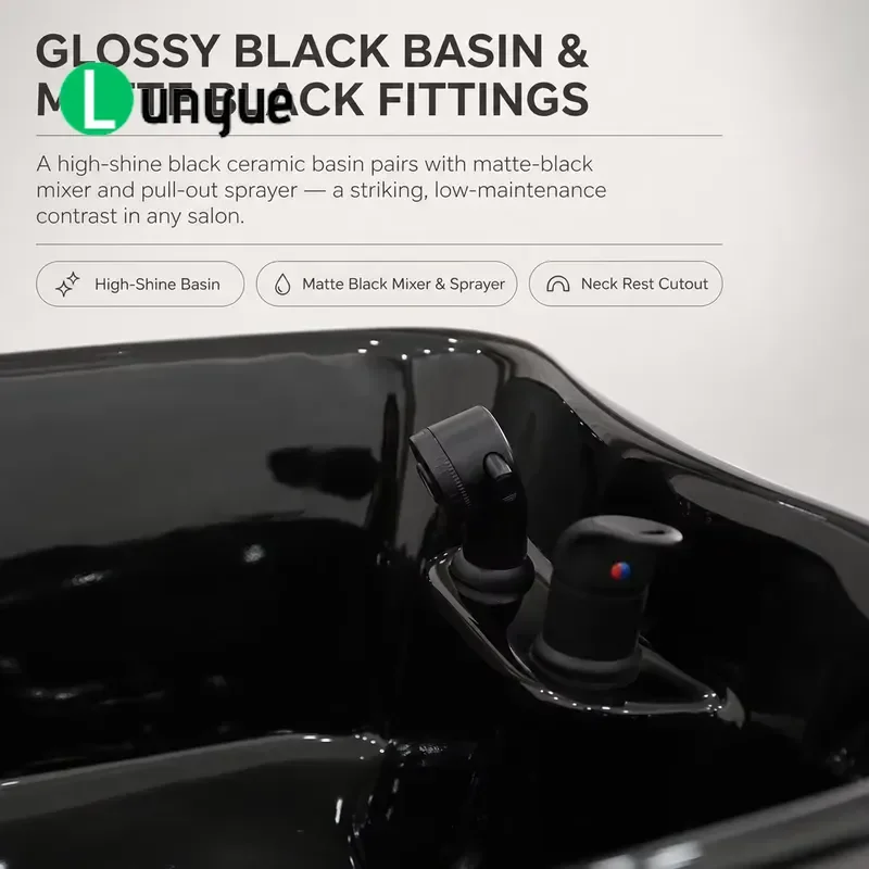 Shampoo Chair with Glossy Black Washstand Dark Matte Faucet Pull Out Nozzle Hair Washing Station for Beauty Spa